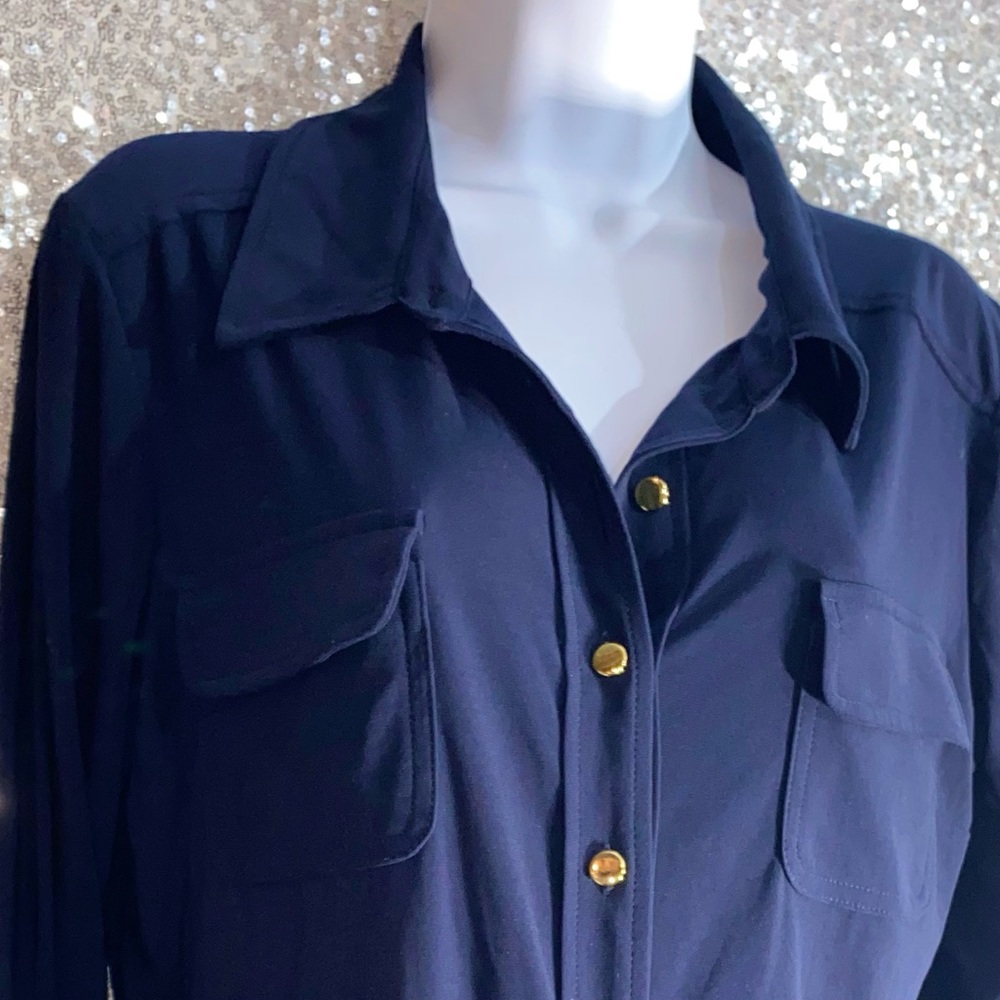 Soho apparel, LTD, medium navy blue dress with gold tone, buttons, 4/3 sleeves - Picture 4 of 5